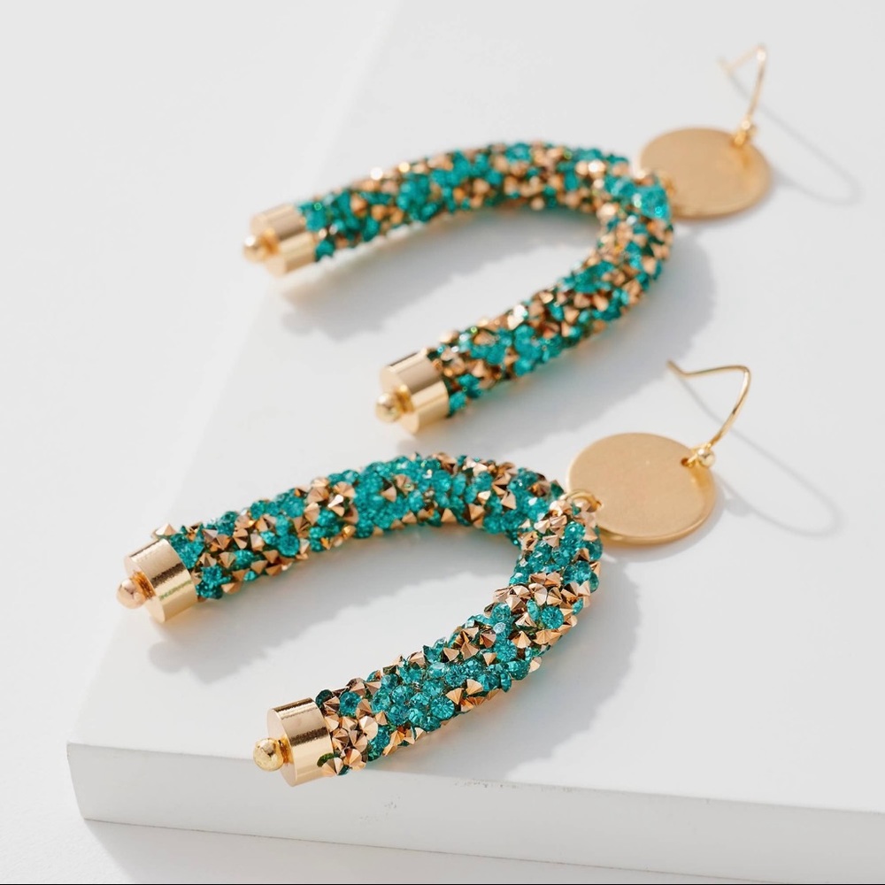 Arch Shape Rhinestone Earrings - Turquoise - Picture 2 of 2